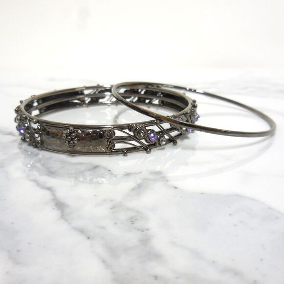 Dark Metal Bangle Set | Purple & Clear Rhinestones | Stackable Bracelets | 8.5" - Picture 3 of 3